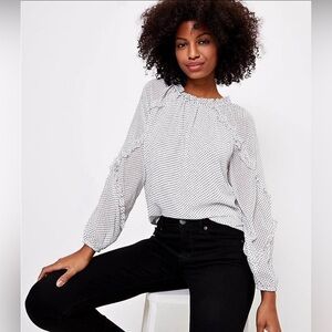 Loft | Ruffle Accent Sheer Blouse in Polka Dot | Size: S
